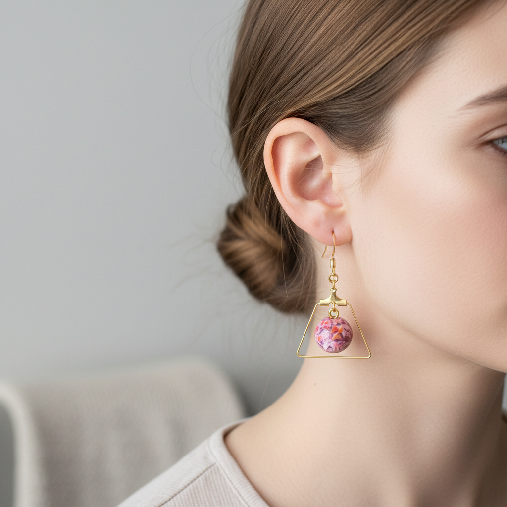  "Handmade polymer clay marble edge earrings with pink coral purple round beads inside gold triangle frames"
