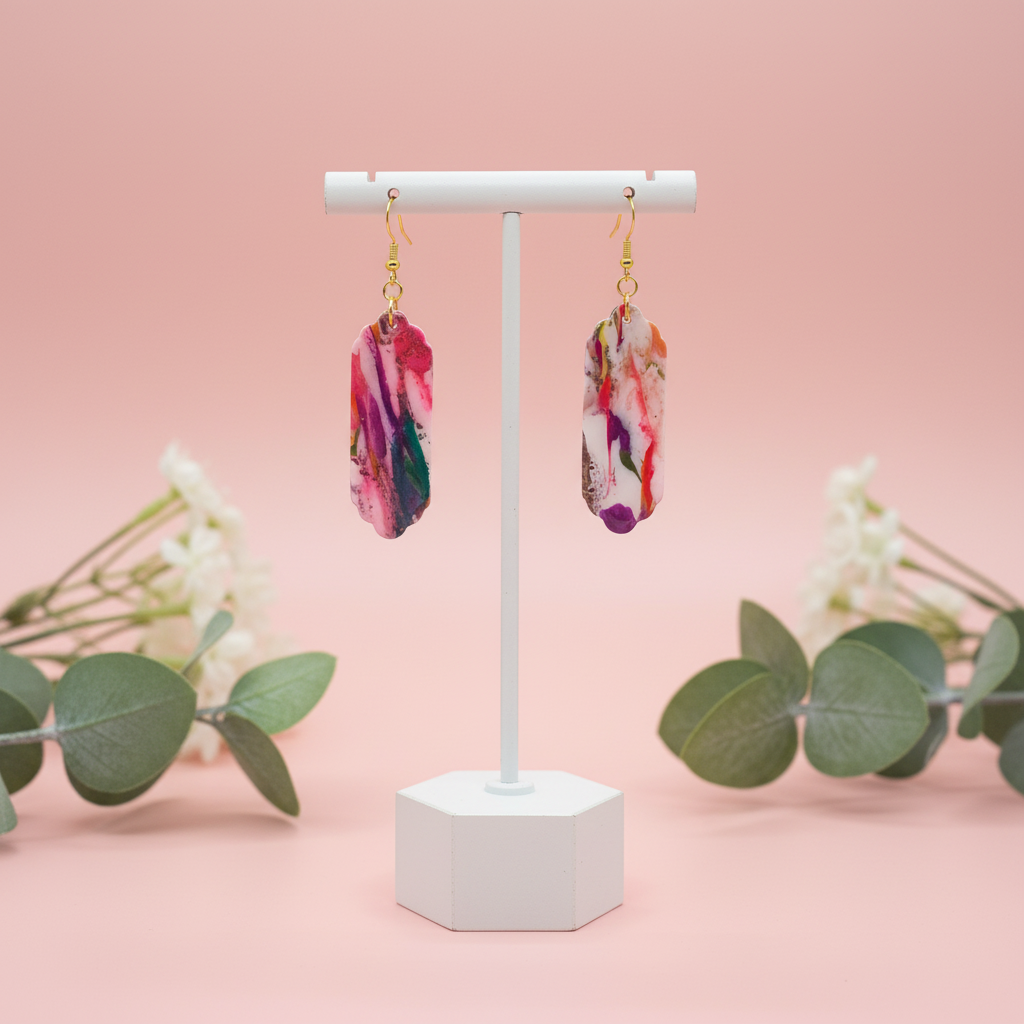 "Handmade polymer clay marble fob drop earrings with pink coral purple teal pattern and gold hooks"