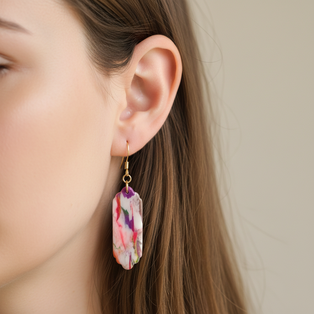 "Handmade polymer clay marble fob drop earrings with pink coral purple teal pattern and gold hooks"