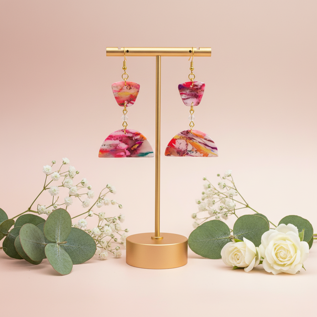  "Handmade polymer clay geometric marble earrings with pink coral orange pattern, gold connectors and crystal drops"