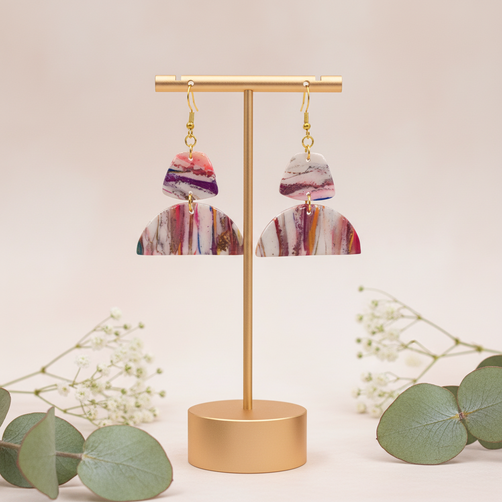 "Handmade polymer clay geometric marble earrings with pink purple coral striped pattern and gold connectors"