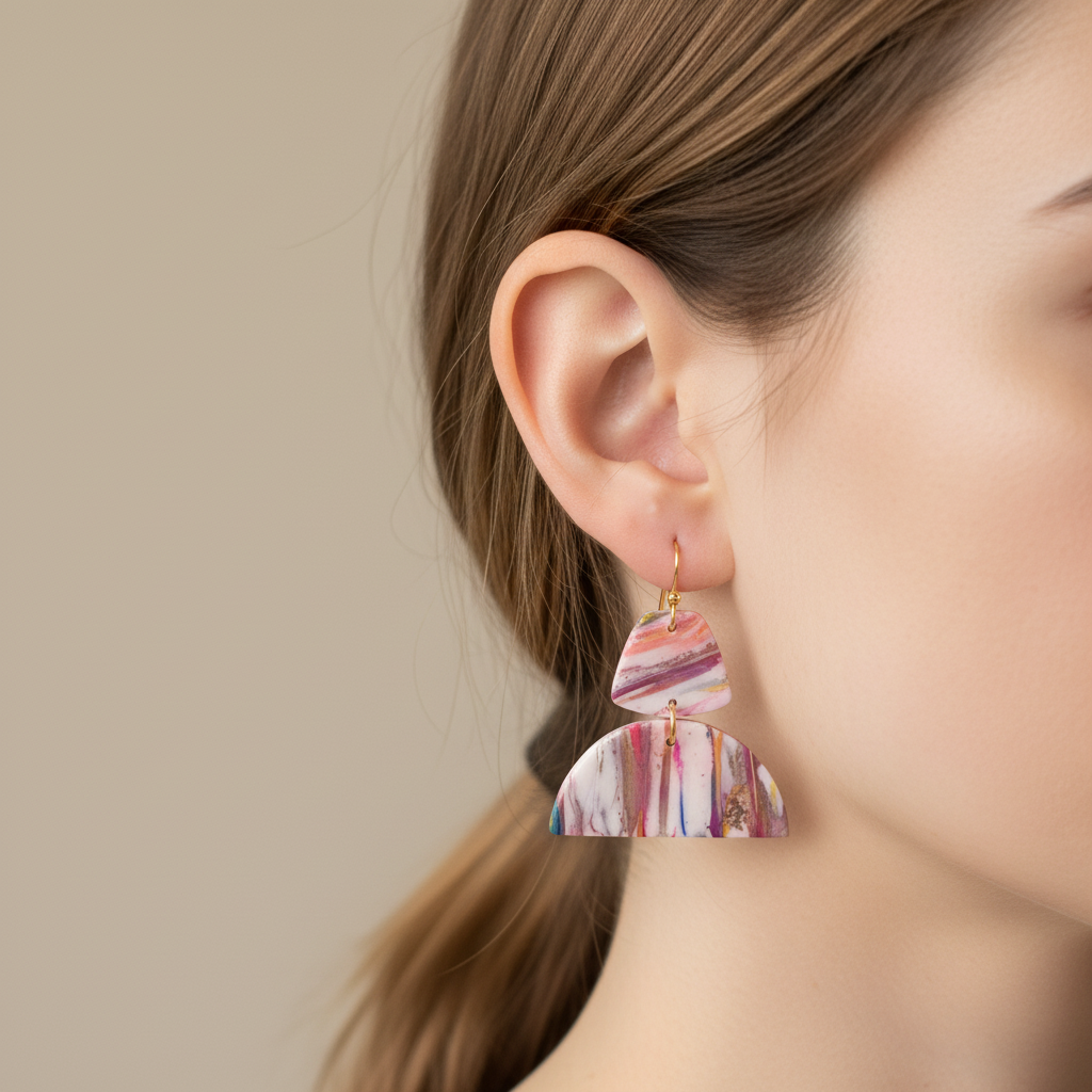 "Handmade polymer clay geometric marble earrings with pink purple coral striped pattern and gold connectors"