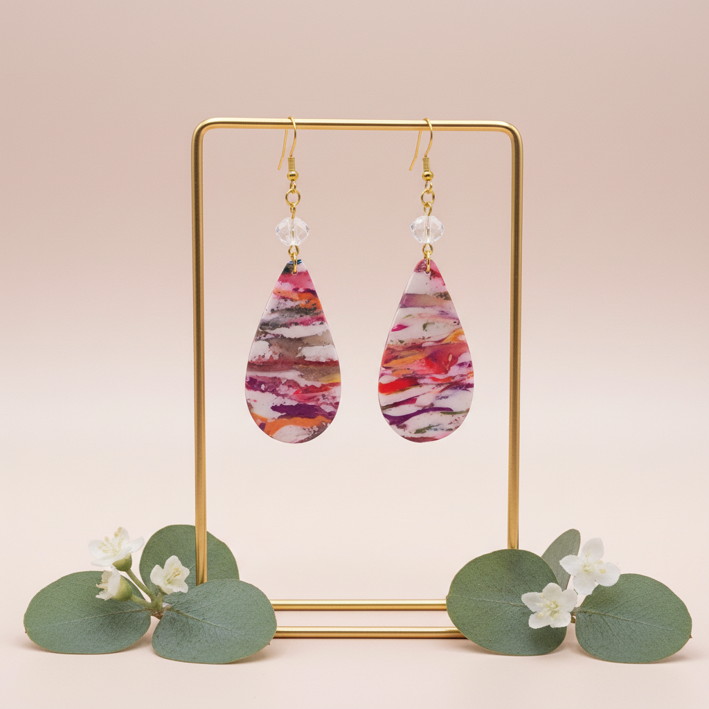 "Handmade polymer clay marble luxe drop earrings with pink coral purple pattern, crystal beads and gold chain connectors"