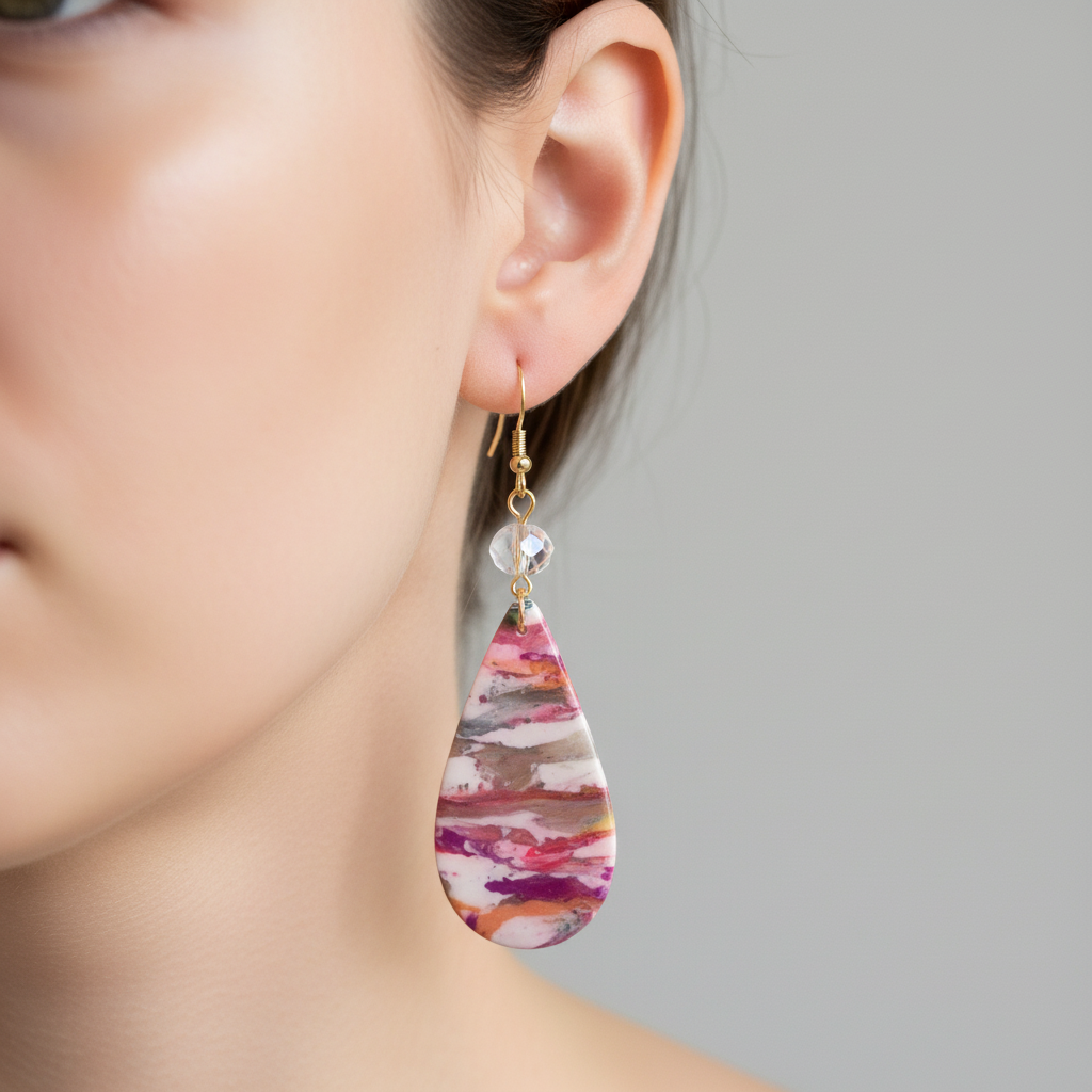"Handmade polymer clay marble luxe drop earrings with pink coral purple pattern, crystal beads and gold chain connectors"