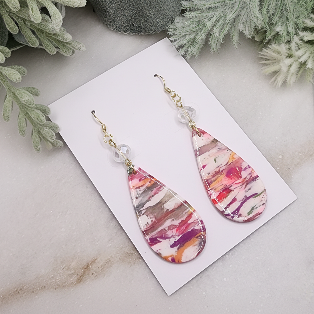"Handmade polymer clay marble luxe drop earrings with pink coral purple pattern, crystal beads and gold chain connectors"