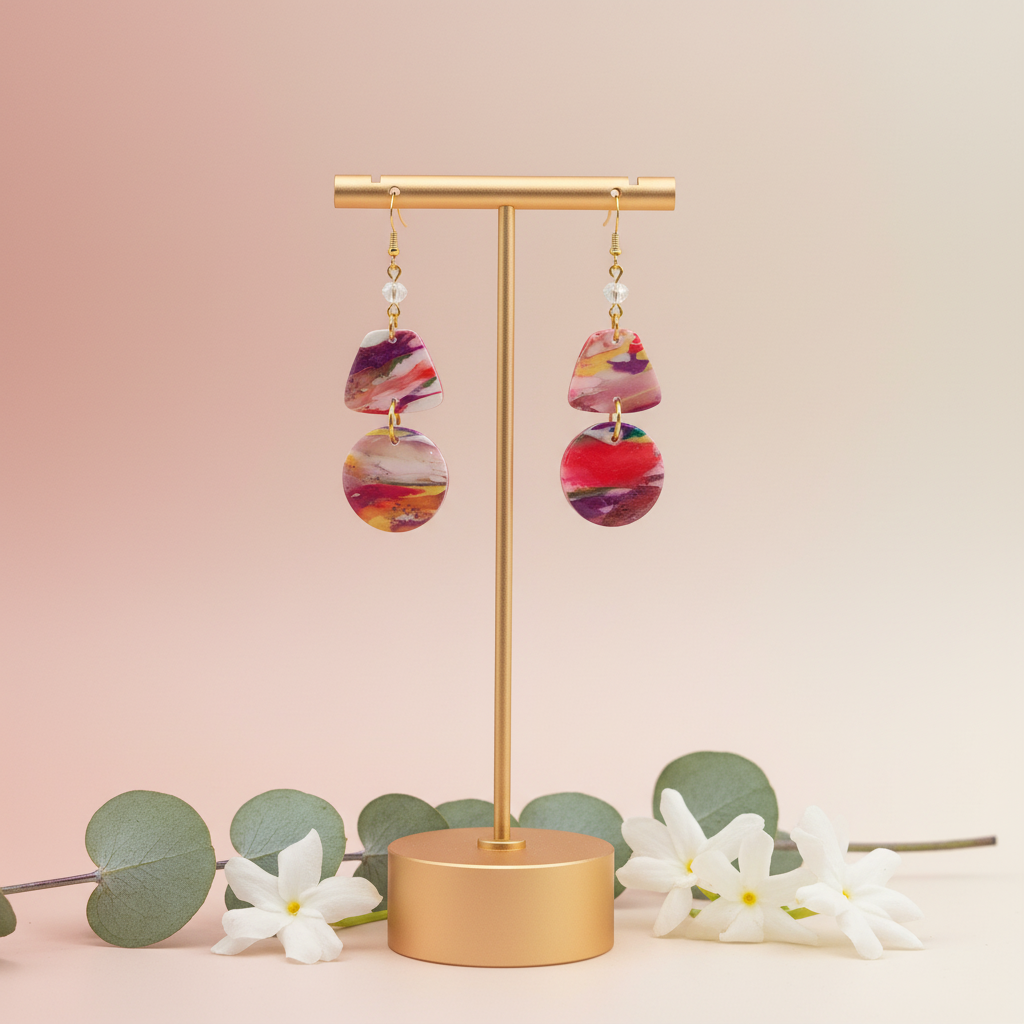 "Handmade polymer clay mini geometric marble earrings with pink purple orange swirl pattern, gold connectors and crystal accents"