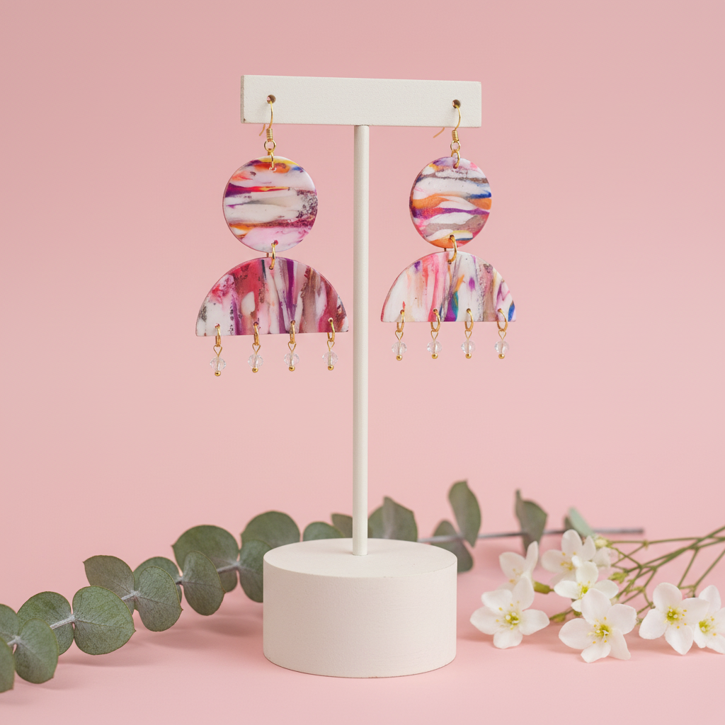  "Handmade polymer clay marble moon and circle dangle earrings with pink coral purple pattern, crystal bead drops and gold connectors"