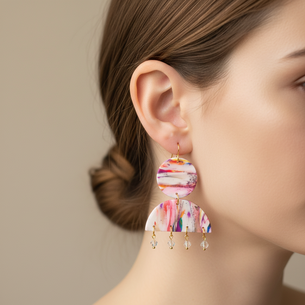  "Handmade polymer clay marble moon and circle dangle earrings with pink coral purple pattern, crystal bead drops and gold connectors"