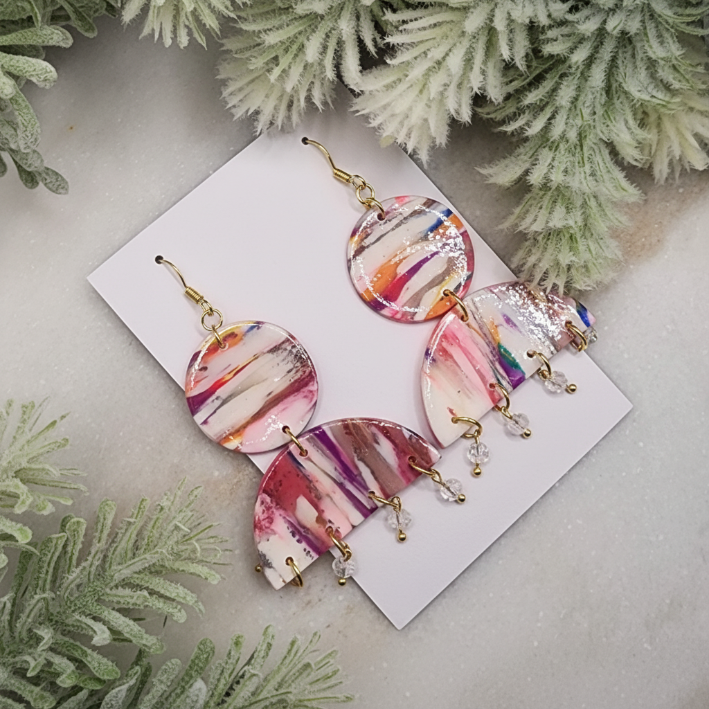 "Handmade polymer clay marble moon and circle dangle earrings with pink coral purple pattern, crystal bead drops and gold connectors"