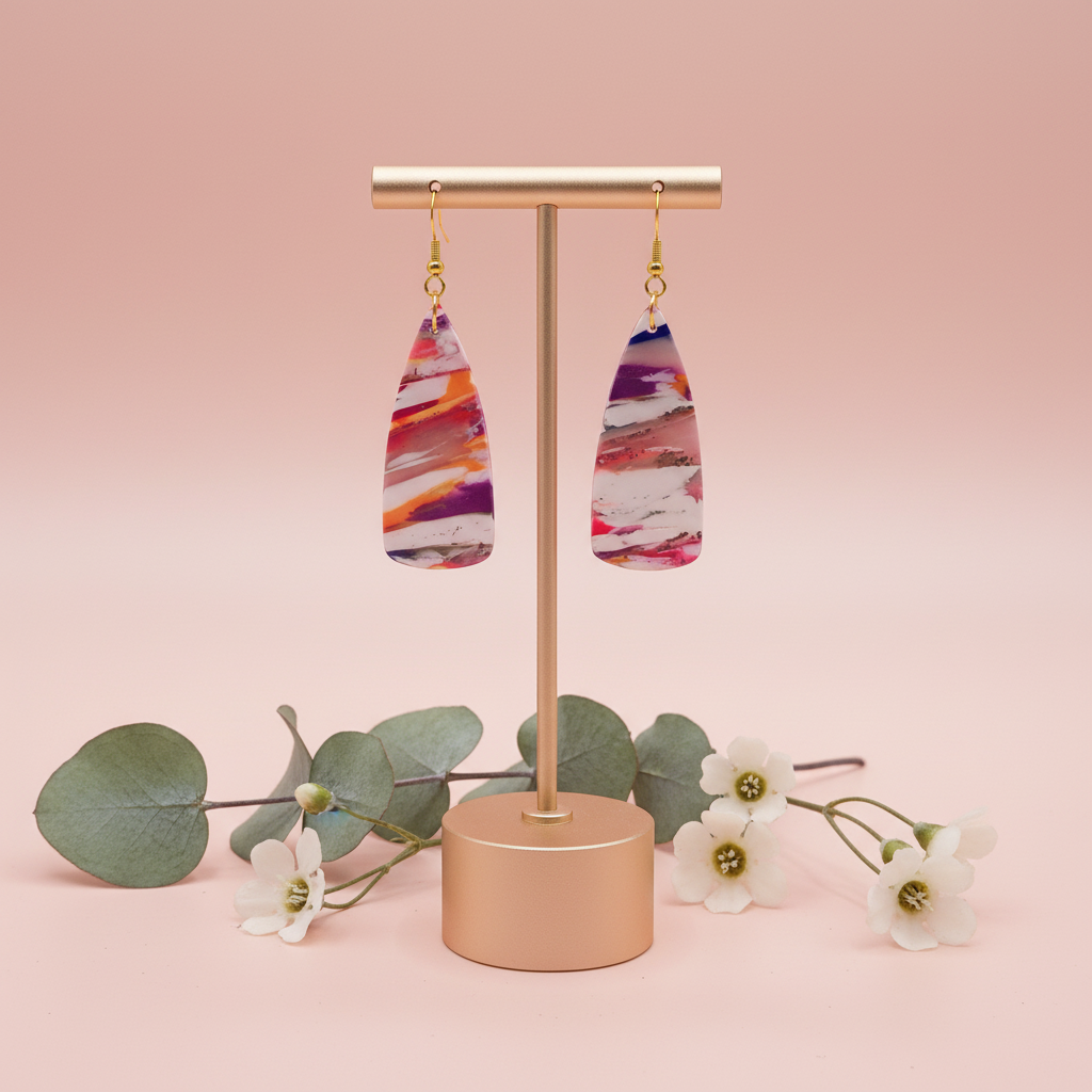  "Handmade polymer clay marble paddle drop earrings with pink coral purple orange striped pattern and gold hooks"