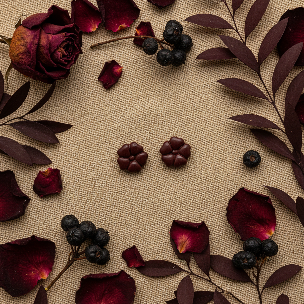 Blossom Studs in Mauve Wine flat lay with dried wine-red roses and dark berries on warm linen, handmade polymer clay earrings from Crafty Larder's Harvest & Dusk Collection