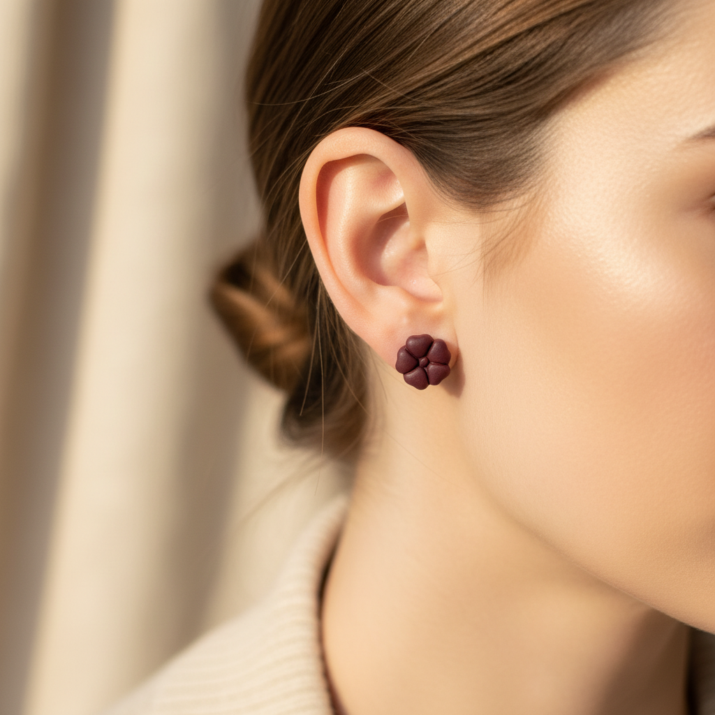 Woman wearing Blossom Studs in Mauve Wine, deep burgundy plum wine polymer clay 5-petal flower studs, handcrafted in New Zealand by Crafty Larder