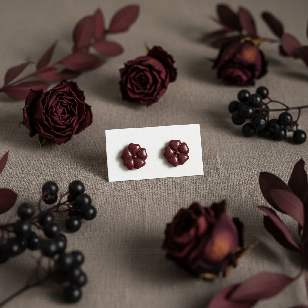 Blossom Studs in Mauve Wine — handmade polymer clay 5-petal flower stud earrings, displayed on white card with rich moody burgundy botanical styling, handcrafted in New Zealand by Crafty Larder