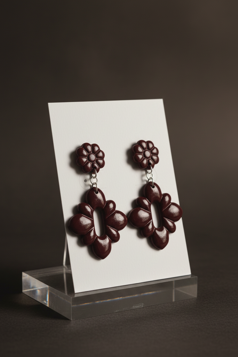 Handmade polymer clay Gerbera Drop Earrings in Mauve Wine — deep burgundy gerbera flower stud top with quatrefoil drop, displayed on a plain white jewellery card on a clear acrylic stand
