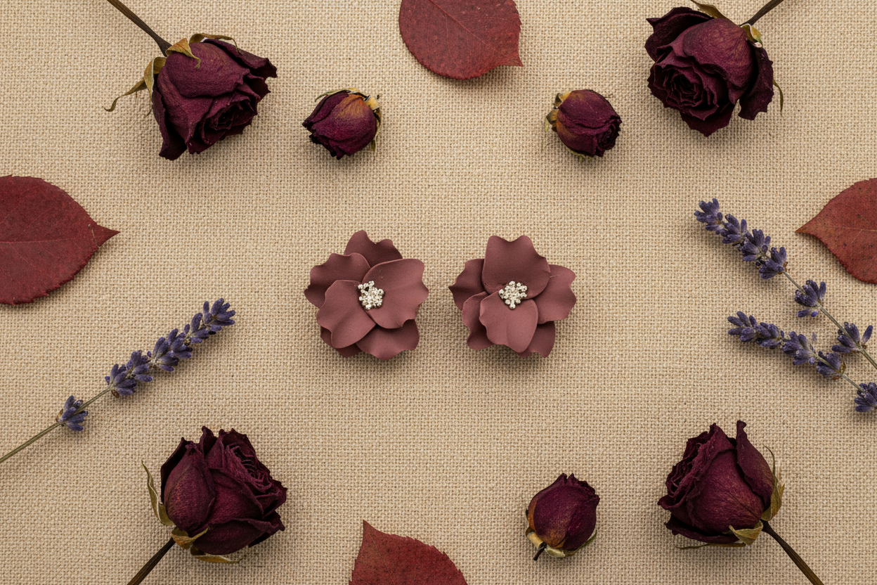 Autumn Petal Studs in Mauve Wine flat lay with dried burgundy roses and lavender on warm linen, handmade polymer clay earrings from Crafty Larder's Harvest & Dusk Collection