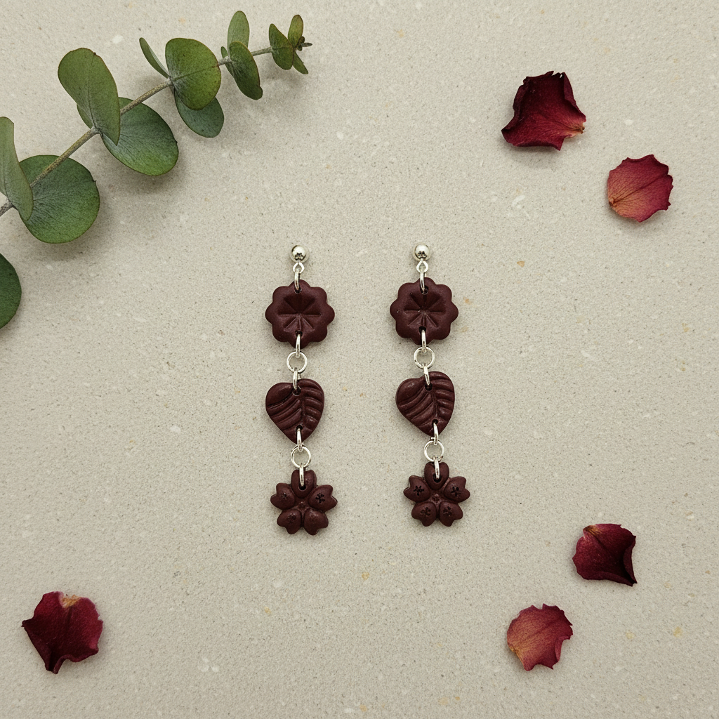 Flat lay of Crafty Larder Botanical Trio Earrings in Mauve Wine on warm grey linen with eucalyptus — handmade polymer clay three-tier flower, leaf & flower drop earrings in deep burgundy