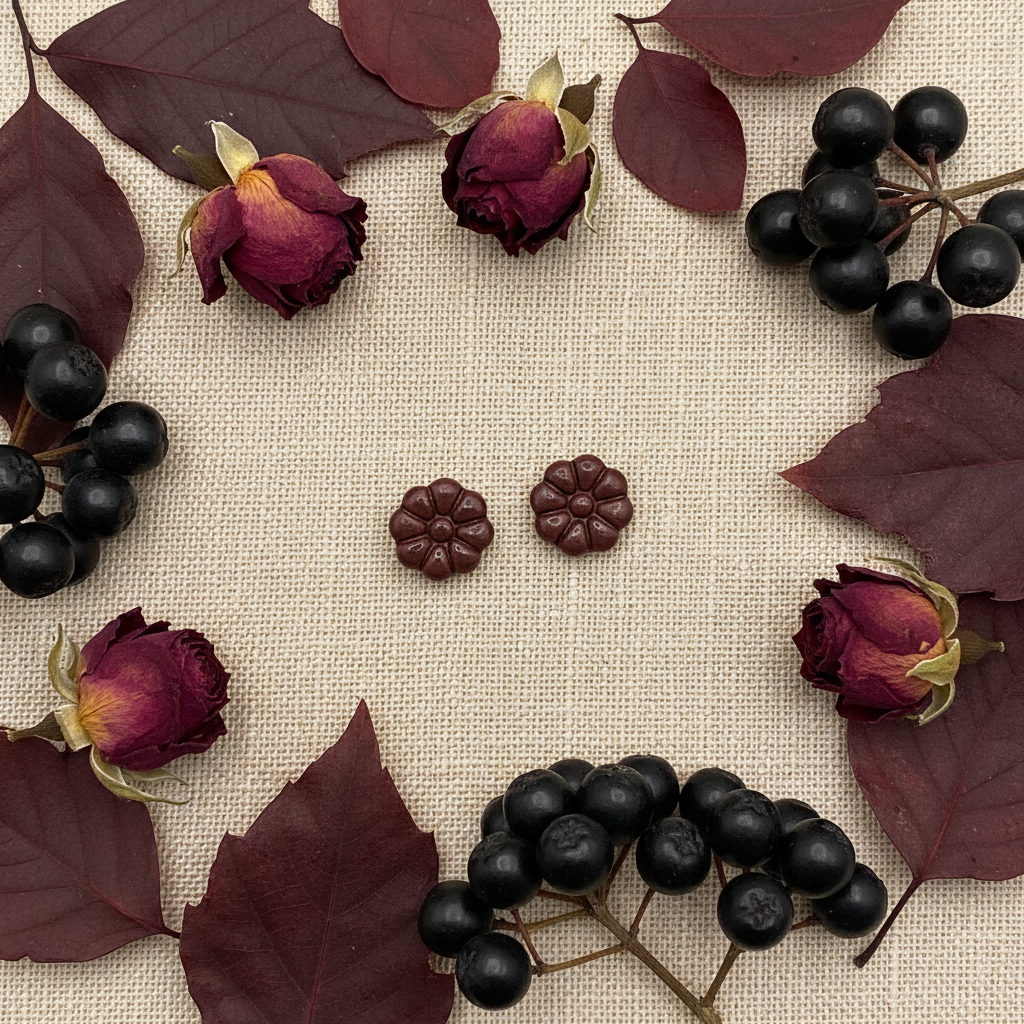 Dahlia Studs in Mauve Wine flat lay with dried wine-red roses and dark berries on warm linen, handmade polymer clay earrings from Crafty Larder's Harvest & Dusk Collection