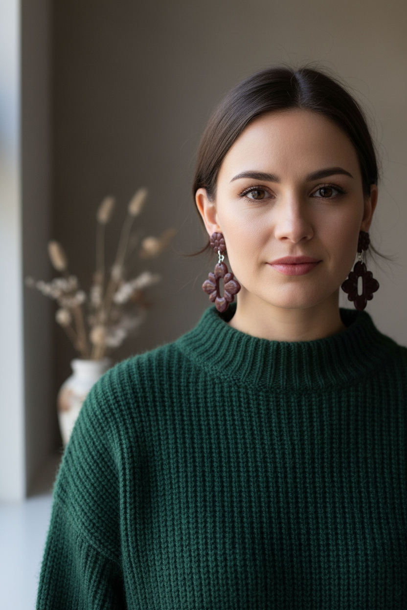 Model wearing Crafty Larder Gerbera Drop Earrings in Mauve Wine — handmade polymer clay dangle earrings in deep burgundy, styled with a rich dark autumn winter outfit
