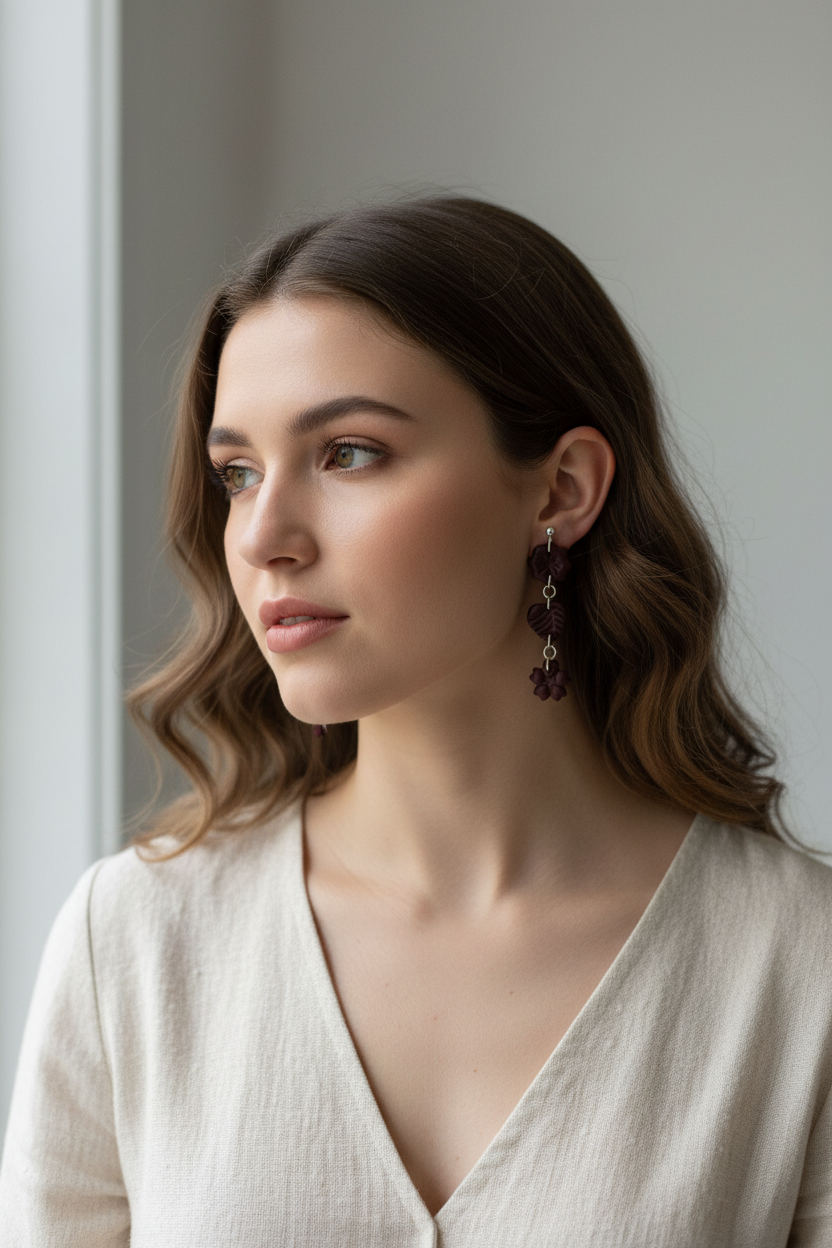 Model wearing Crafty Larder Botanical Trio Earrings in Mauve Wine — handmade polymer clay three-tier botanical drop earrings in deep burgundy showing full length against neck and collarbone