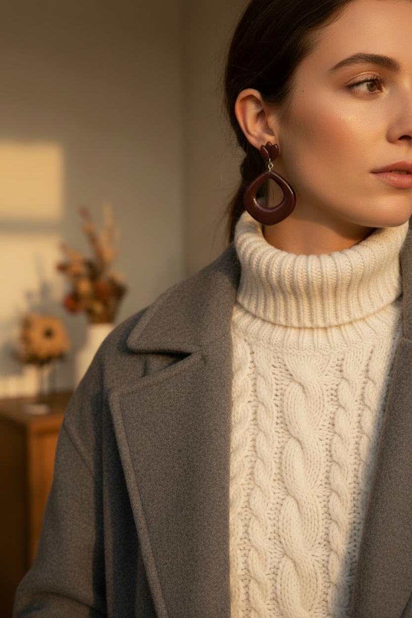 Model wearing Crafty Larder Tulip Loop Earrings in Mauve Wine — handmade polymer clay dangle earrings in deep dark burgundy, styled with a cosy autumn winter knit