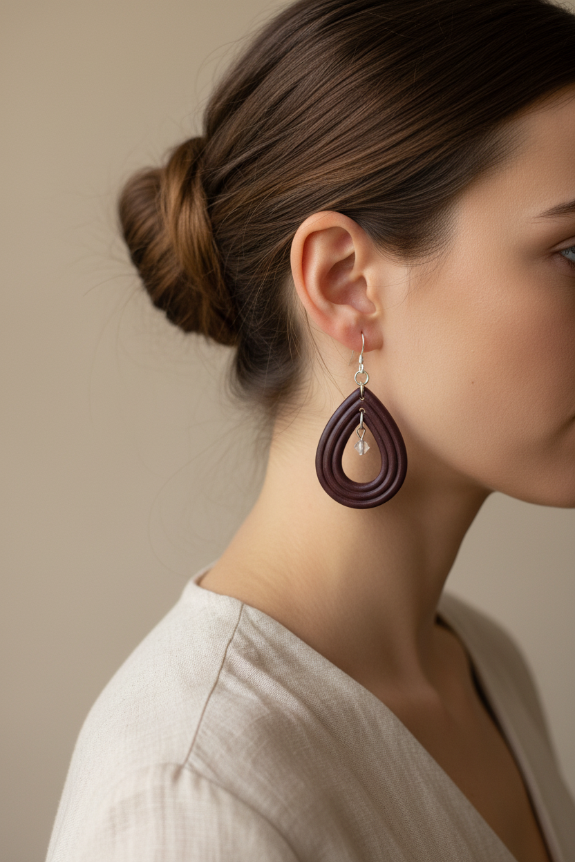 Side profile of model wearing Crafty Larder Raindrop Crystal Earrings in Mauve Wine — handmade polymer clay open teardrop hoop earrings with crystal bead in deep dark burgundy, hair up showing full earring