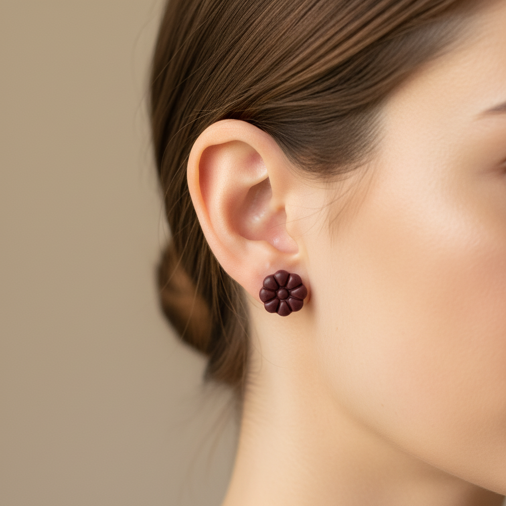 Woman wearing Dahlia Studs in Mauve Wine, deep burgundy plum wine polymer clay 8-petal dahlia flower studs, handcrafted in New Zealand by Crafty Larder