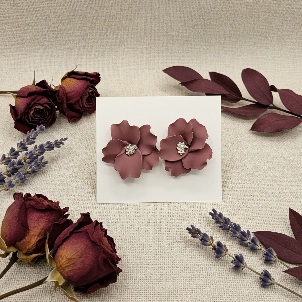 Autumn Petal Studs in Mauve Wine — handmade polymer clay floral stud earrings with silver stamen, displayed on white card with dried burgundy rose botanical styling