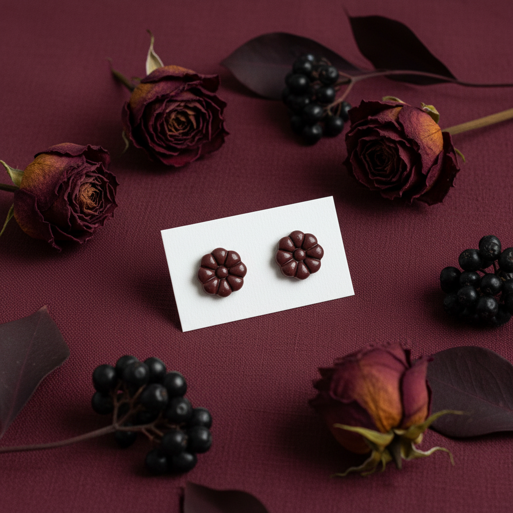 Dahlia Studs in Mauve Wine — handmade polymer clay 8-petal dahlia flower stud earrings, displayed on white card with rich moody burgundy botanical styling, handcrafted in New Zealand by Crafty Larder