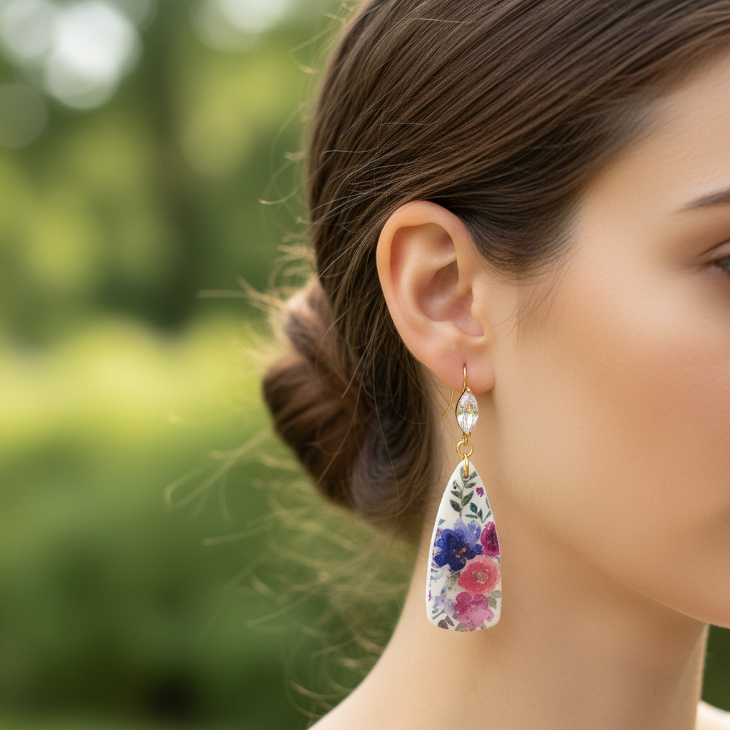 Model wearing Garden Crystal Paddle Dangles — floral polymer clay teardrop earrings with crystal marquise gold hooks, handmade in New Zealand