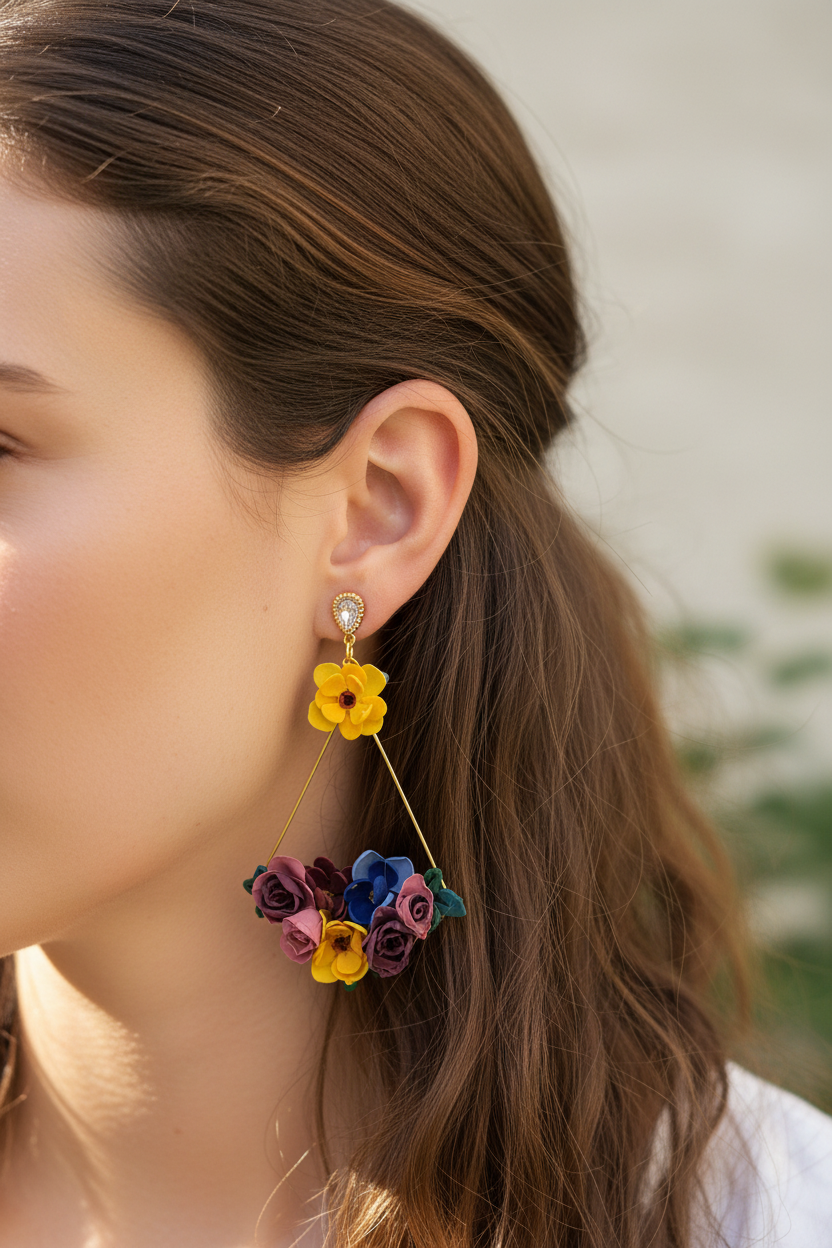 Woman wearing Summer Floral Triangle Dangles showing yellow top flower and multicolour floral triangle design