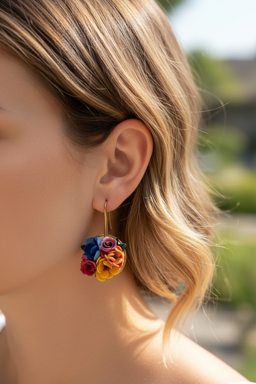 Woman wearing Summer Floral Clusters showing multicolour polymer clay flowers on brass hook earrings