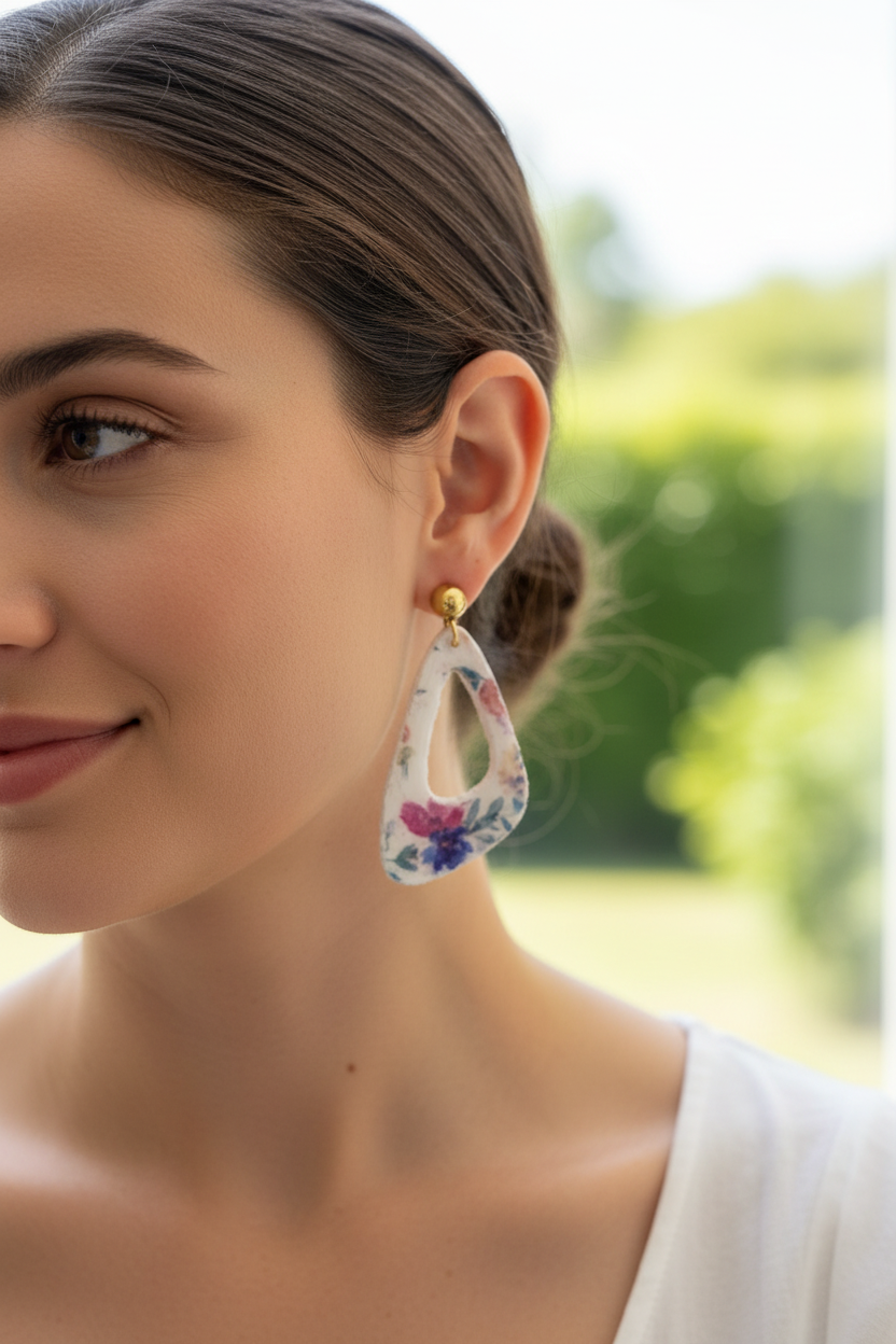 Woman wearing Garden Cutout Drops showing watercolour floral teardrop cutout design with 18k gold ball studs