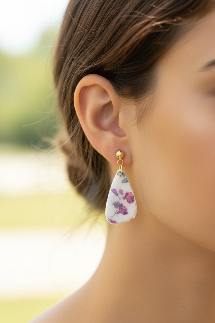 Woman wearing Garden Mismatched Drops showing watercolour floral asymmetric teardrop design with 18k gold-filled ball studs