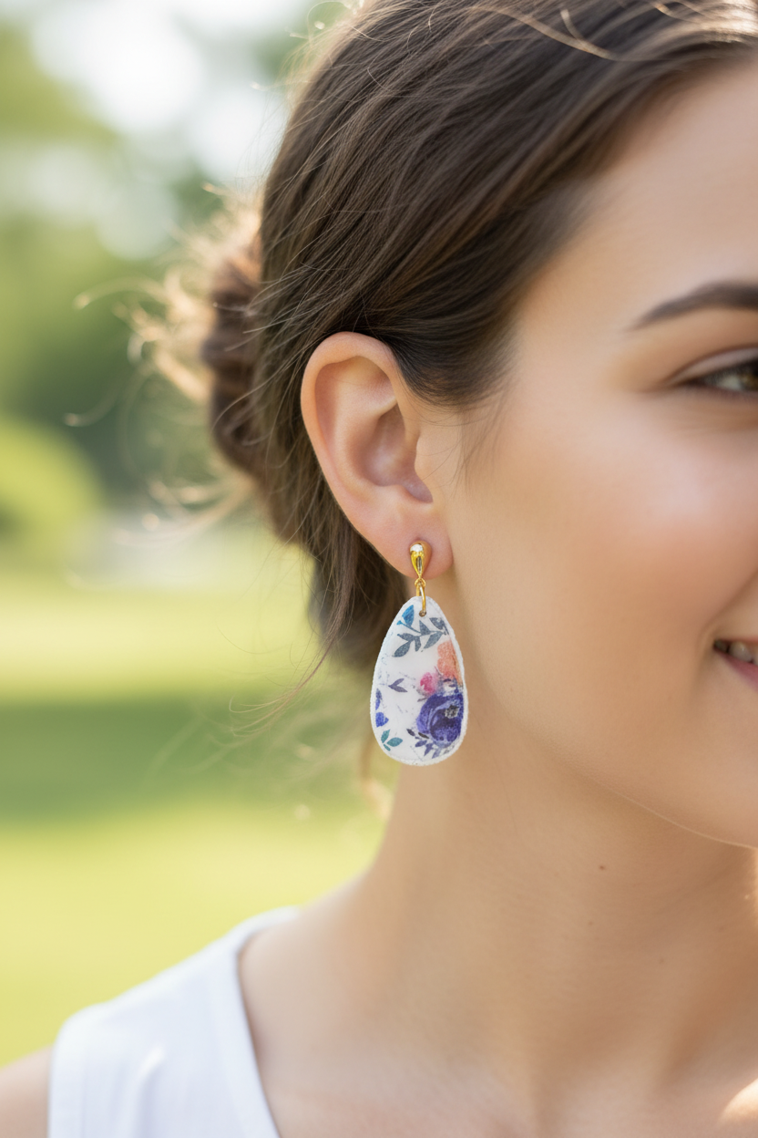 Woman wearing Garden Teardrop Dangles showing watercolour floral teardrop design with 18k gold-filled teardrop studs
