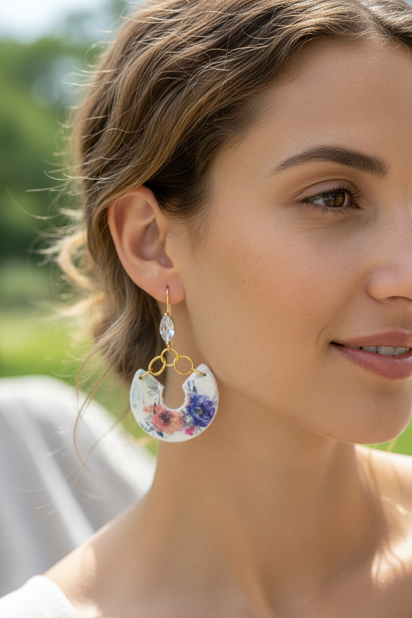 Woman wearing Garden Crystal Crescents showing watercolour floral crescent design with gold circle links and crystal hooks