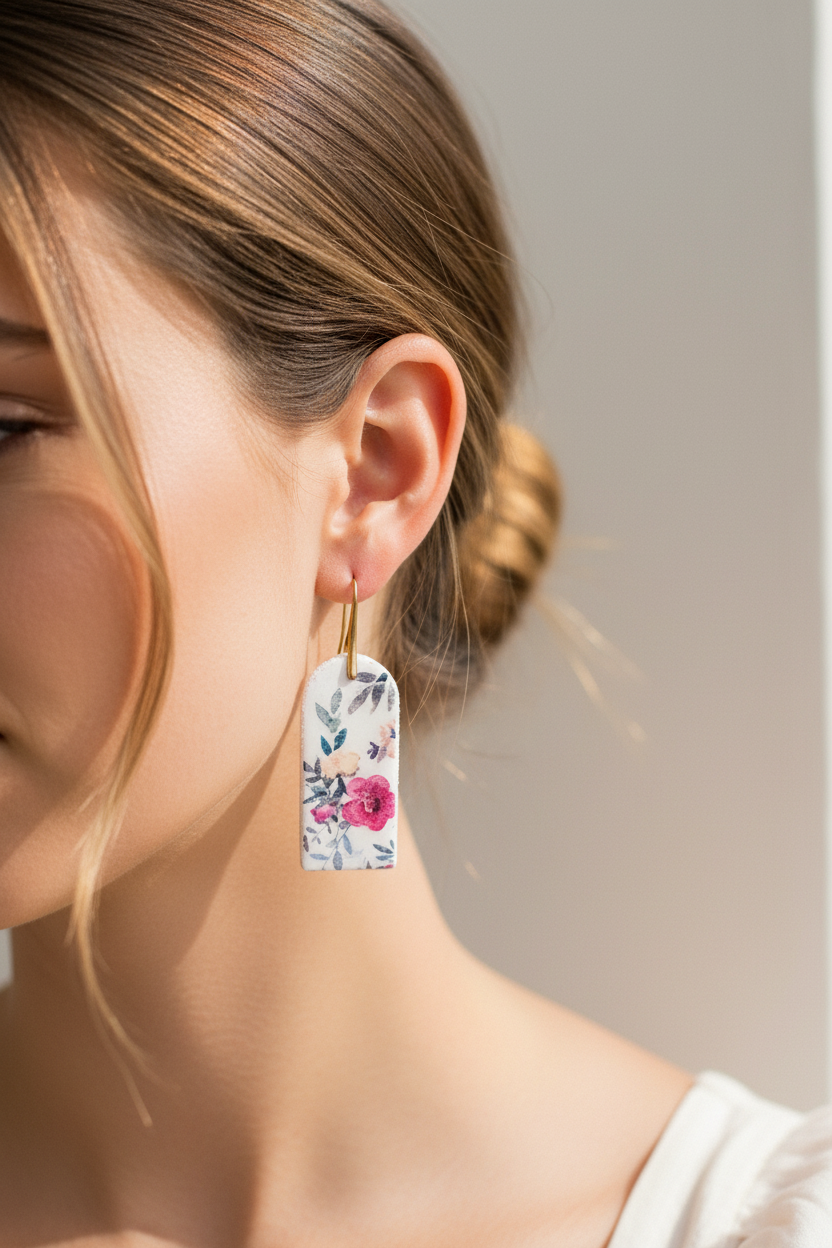 Woman wearing Garden Block Earrings showing watercolour floral rectangle block design with brass kidney wire hooks