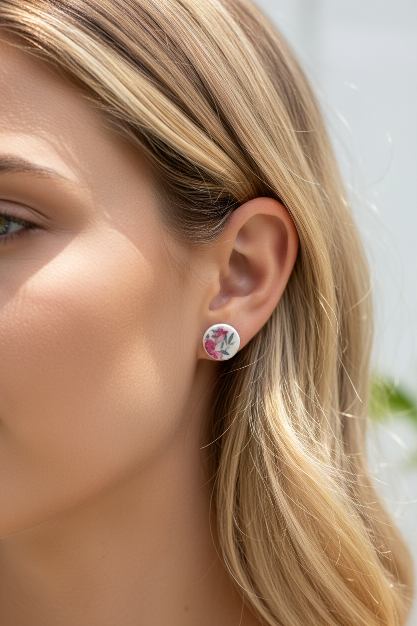 Woman wearing Garden Floral Studs showing watercolour floral print on stainless steel gold posts