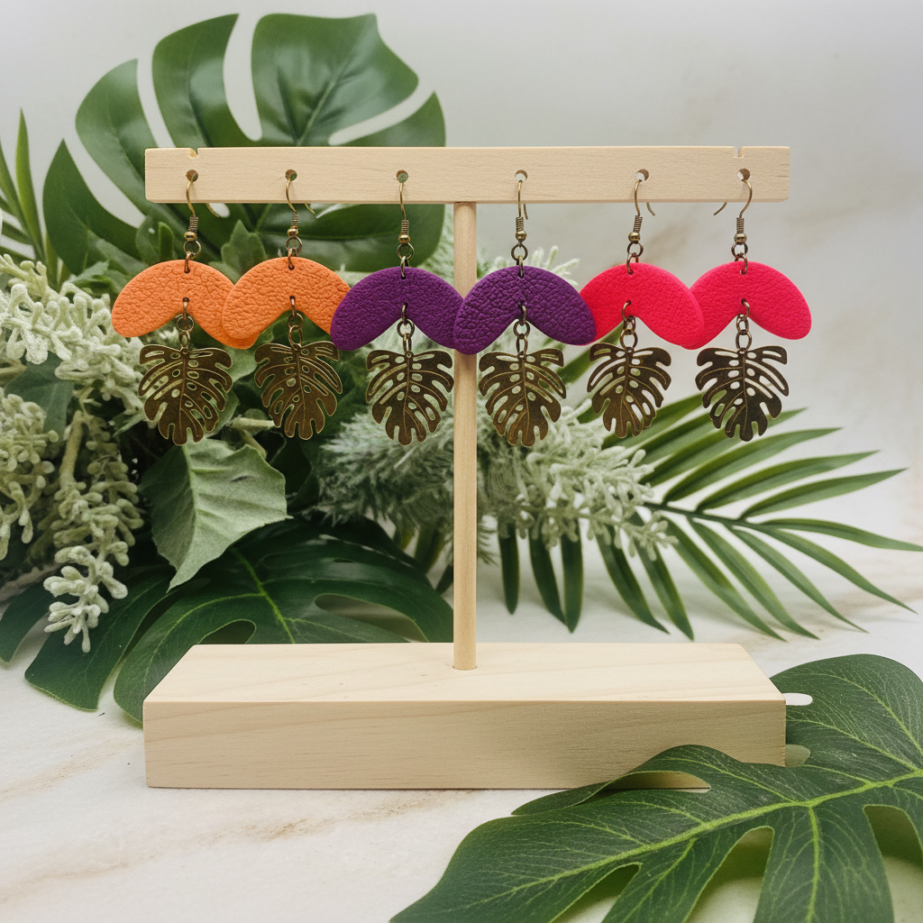  "Handmade polymer clay monstera leaf summer dangle earrings with textured half moon shapes and bronze monstera leaf charms - available in orange, purple and fluoro pink"