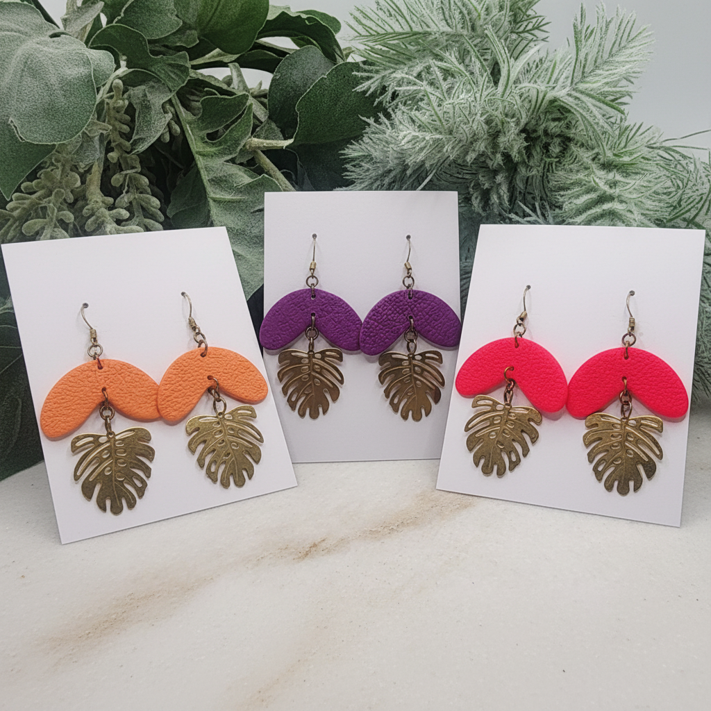  "Handmade polymer clay monstera leaf summer dangle earrings with textured half moon shapes and bronze monstera leaf charms - available in orange, purple and fluoro pink"
