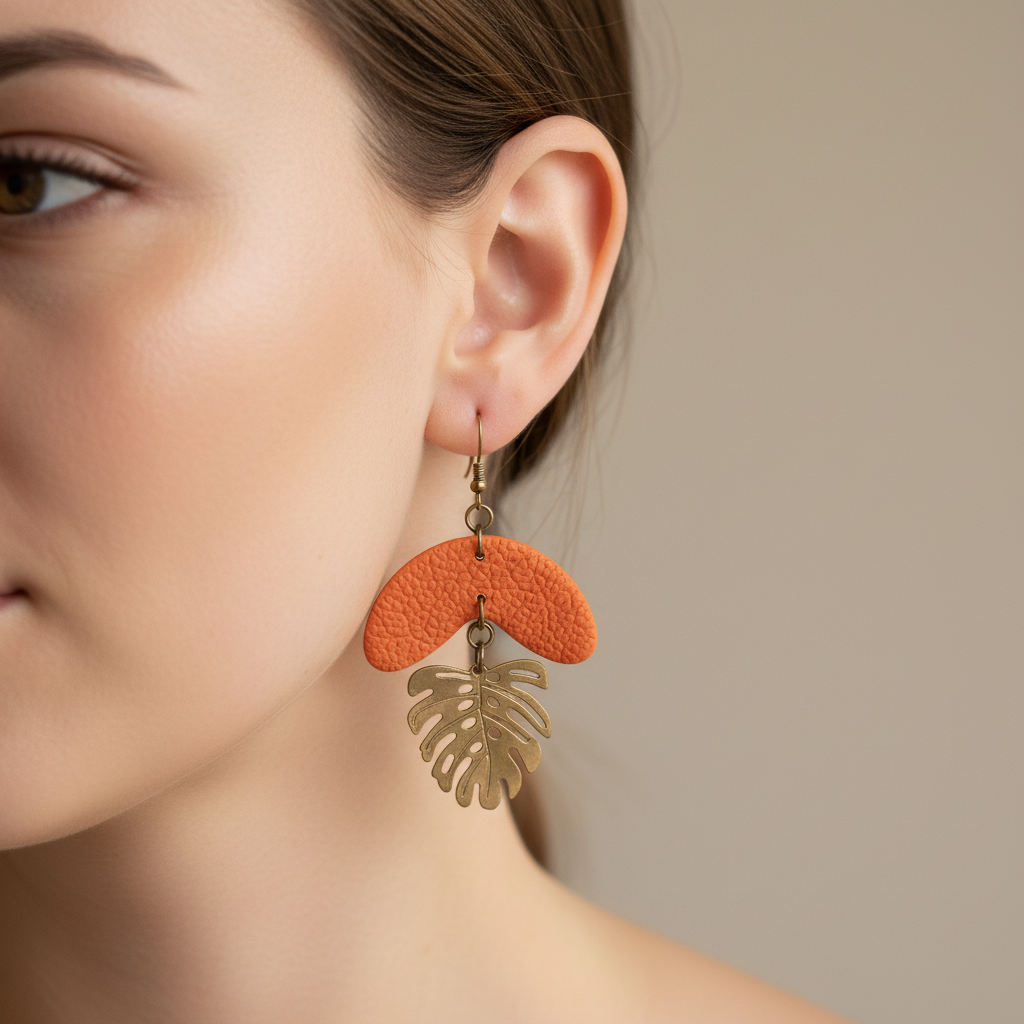  "Handmade polymer clay monstera leaf summer dangle earrings with textured half moon shapes and bronze monstera leaf charms - available in orange, purple and fluoro pink"
