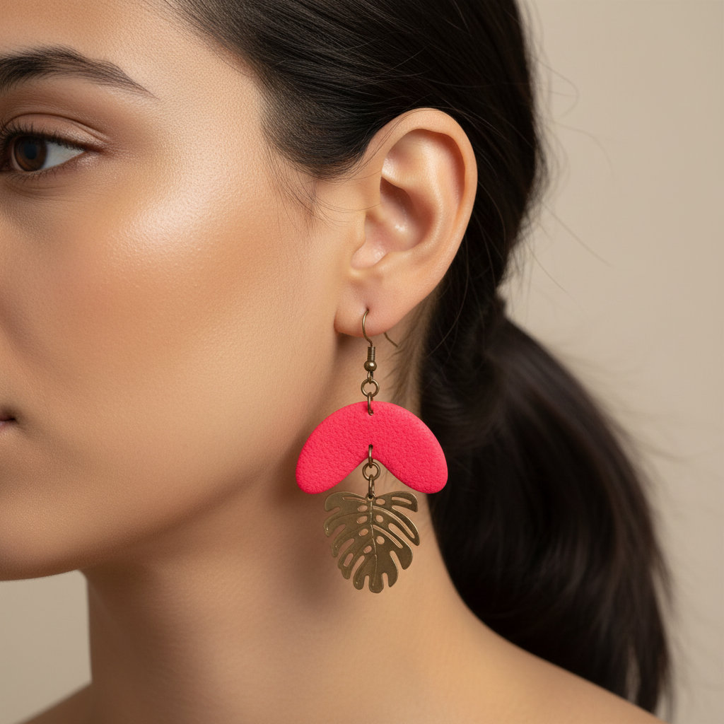  "Handmade polymer clay monstera leaf summer dangle earrings with textured half moon shapes and bronze monstera leaf charms - available in orange, purple and fluoro pink"