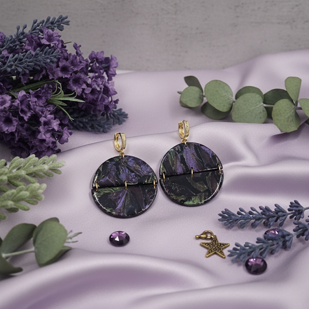  "Handmade polymer clay arc earrings with gold huggie hoop posts and large circular purple/black/green mica shimmer discs with gold arc bar across the middle"