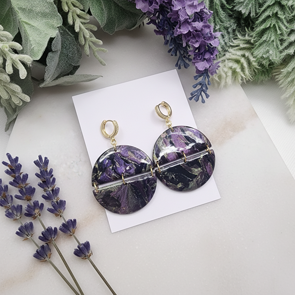  "Handmade polymer clay arc earrings with gold huggie hoop posts and large circular purple/black/green mica shimmer discs with gold arc bar across the middle"