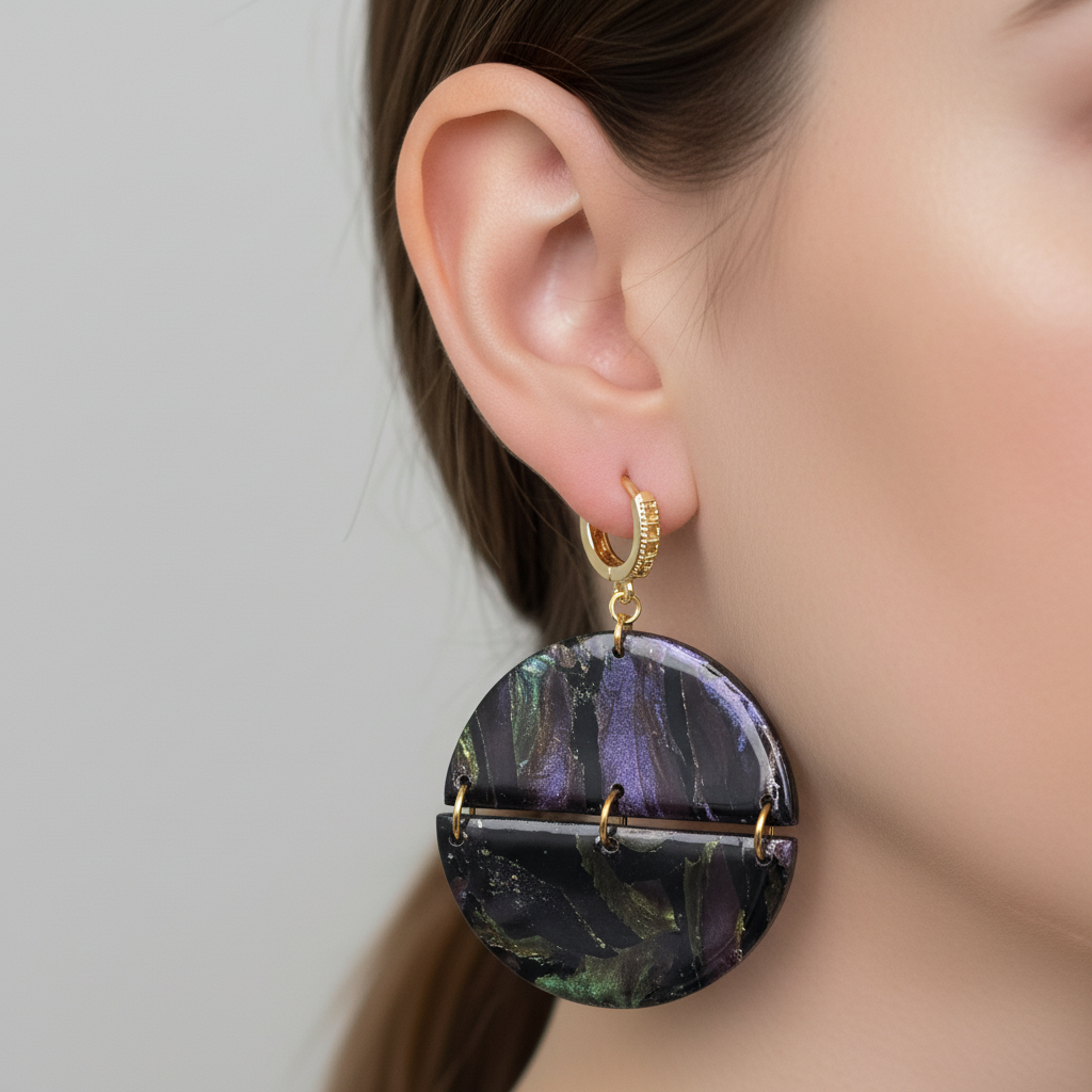  "Handmade polymer clay arc earrings with gold huggie hoop posts and large circular purple/black/green mica shimmer discs with gold arc bar across the middle"