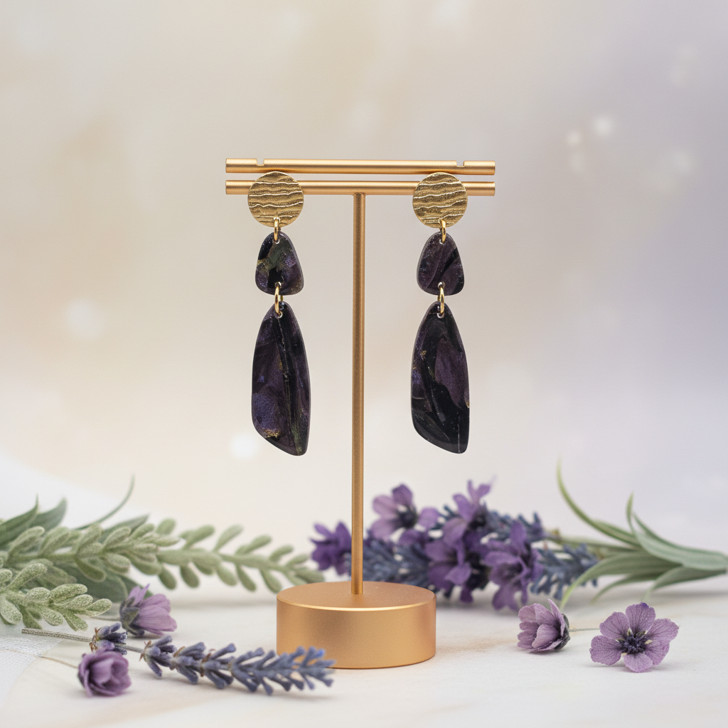 "Handmade polymer clay fob drop earrings with gold textured circular studs and purple/black mica shimmer teardrop dangles"
