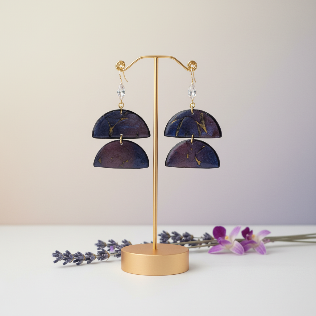 "Handmade polymer clay two-tier half-moon earrings with gold shepherd hook ear wires featuring integrated cubic zirconia decoration and purple/blue mica shimmer half-moons"