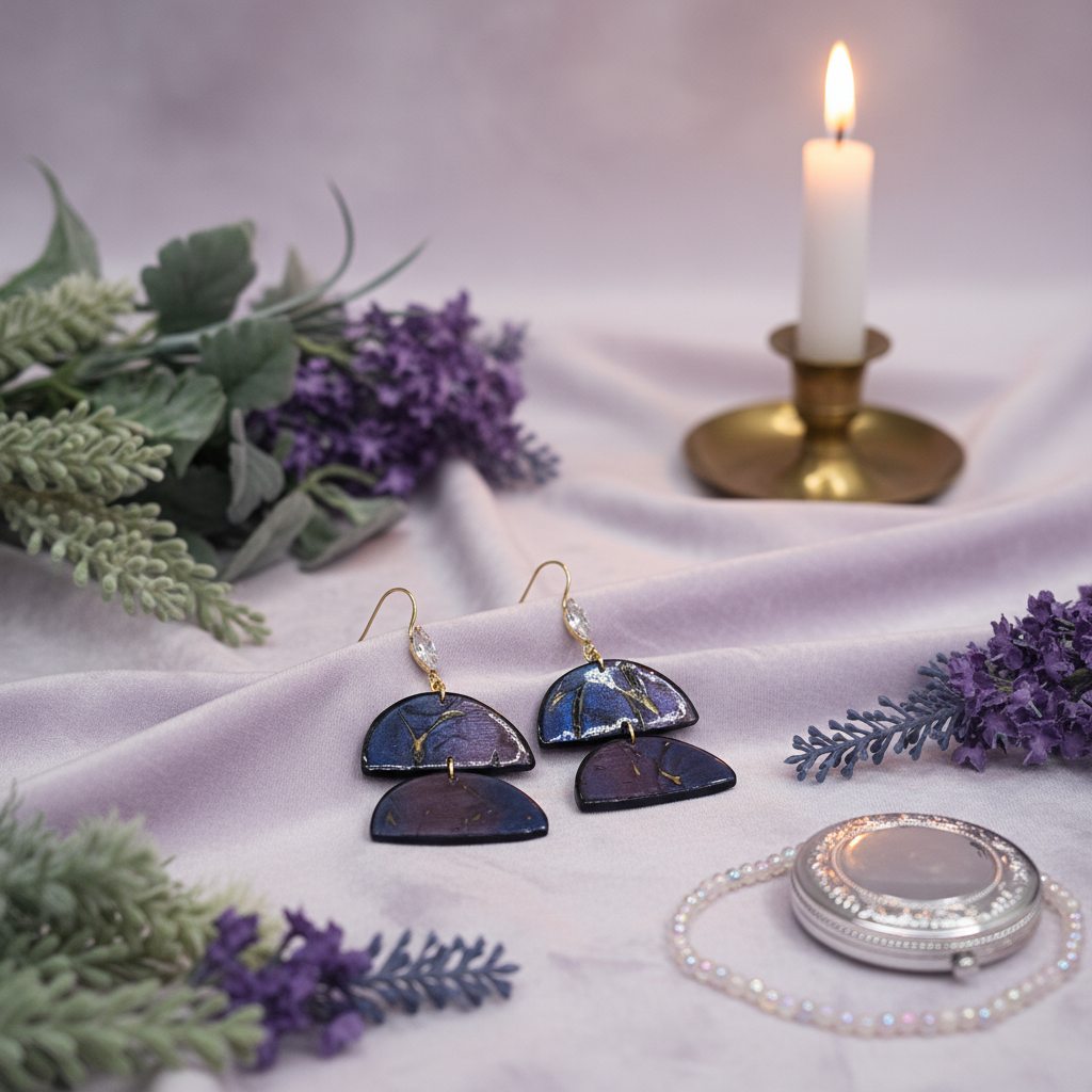 "Handmade polymer clay two-tier half-moon earrings with gold shepherd hook ear wires featuring integrated cubic zirconia decoration and purple/blue mica shimmer half-moons"