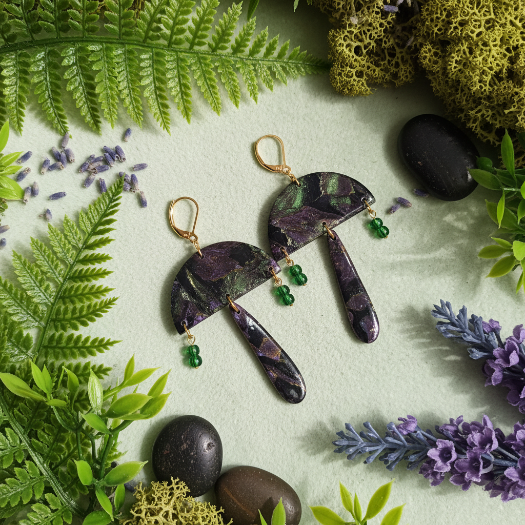  "Handmade polymer clay mushroom earrings with gold leverback hooks, green/purple/black mica shimmer mushroom caps, dark purple/black stem dangles and tiny green glass bead accents"