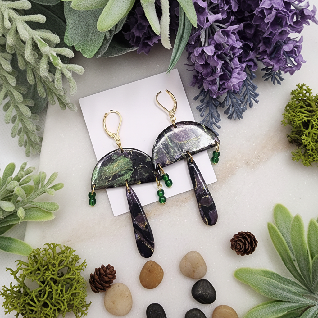  "Handmade polymer clay mushroom earrings with gold leverback hooks, green/purple/black mica shimmer mushroom caps, dark purple/black stem dangles and tiny green glass bead accents"
