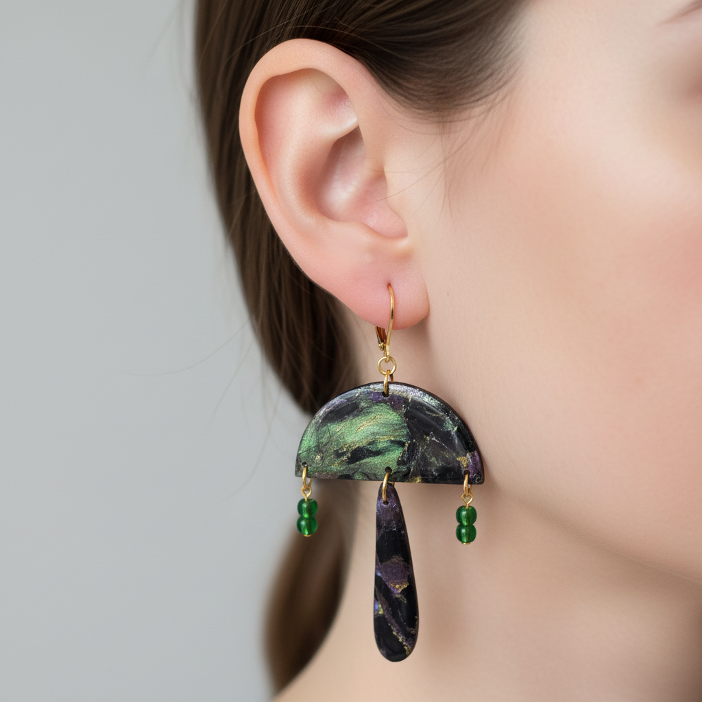  "Handmade polymer clay mushroom earrings with gold leverback hooks, green/purple/black mica shimmer mushroom caps, dark purple/black stem dangles and tiny green glass bead accents"